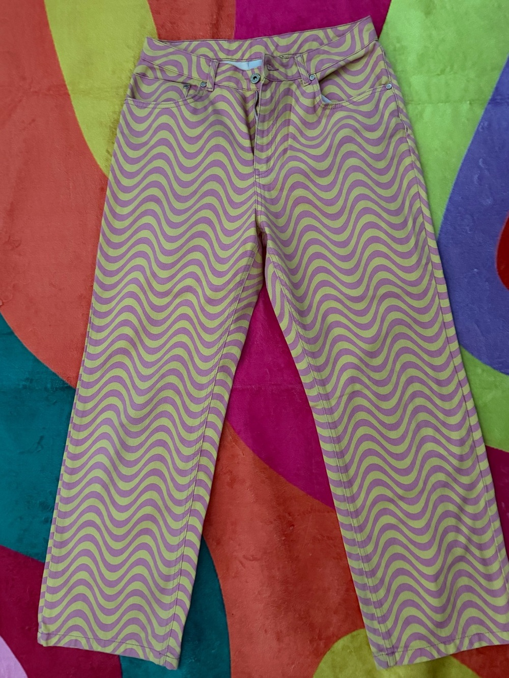 The Ragged Priest Pink and Light Green Wavy Boot Cut Jeans